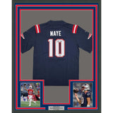 Framed Autographed/Signed Drake Maye 35x39 New England Patriots Blue Authentic Football Jersey Beckett BAS COA