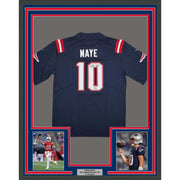 Framed Autographed/Signed Drake Maye 35x39 New England Patriots Blue Authentic Football Jersey Beckett BAS COA