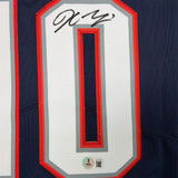 Framed Autographed/Signed Drake Maye 35x39 New England Patriots Blue Authentic Football Jersey Beckett BAS COA