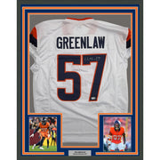 Framed Autographed/Signed Dre Greenlaw 35x39 Denver White Pro Cut Football Jersey Beckett BAS COA