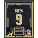 Framed Autographed/Signed Drew Brees 35x39 New Orleans Black Stat Football Jersey Beckett BAS COA