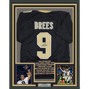 Framed Autographed/Signed Drew Brees 35x39 New Orleans Black Stat Football Jersey Beckett BAS COA