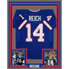 Framed Autographed/Signed Frank Reich 35x39 Buffalo Blue Football Jersey Beckett BAS COA