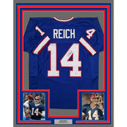 Framed Autographed/Signed Frank Reich 35x39 Buffalo Blue Football Jersey Beckett BAS COA