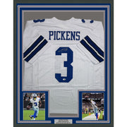 Framed Autographed/Signed George Pickens 35x39 Dallas White Football Jersey JSA COA