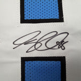 Framed Autographed/Signed Greg Olsen 35x39 Carolina Blue Football Jersey Beckett BAS COA