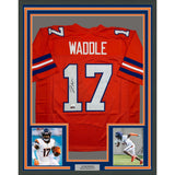 Framed Autographed/Signed Jaylen Waddle 35x39 Denver Retro Orange Football Jersey JSA COA