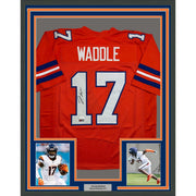 Framed Autographed/Signed Jaylen Waddle 35x39 Denver Retro Orange Football Jersey JSA COA