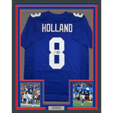 Framed Autographed/Signed Jevon Holland 35x39 New York Blue Football Jersey JSA COA