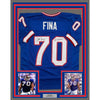 Framed Autographed/Signed John Fina 35x39 Buffalo Blue Football Jersey JSA COA