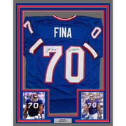 Framed Autographed/Signed John Fina 35x39 Buffalo Blue Football Jersey JSA COA