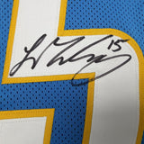 Framed Autographed/Signed Ladd McConkey 35x39 Los Angeles San Diego Powder Blue Football Jersey Beckett BAS COA
