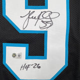 Framed Autographed/Signed Luke Kuechly HOF 26 35x39 Carolina Black Football Jersey Beckett BAS COA