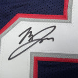 Framed Autographed/Signed Marcus Jones 35x39 New England Blue Pro Cut Football Jersey Beckett BAS COA