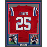 Framed Autographed/Signed Marcus Jones 35x39 New England Red Pro Cut Football Jersey Beckett BAS COA