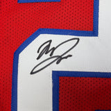 Framed Autographed/Signed Marcus Jones 35x39 New England Red Pro Cut Football Jersey Beckett BAS COA