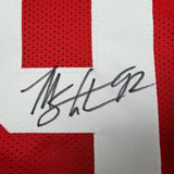 Framed Autographed/Signed Michael Strahan 35x39 New York Red Football Jersey Beckett BAS COA