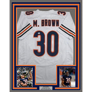 Framed Autographed/Signed Mike Brown 35x39 Chicago White Football Jersey JSA COA