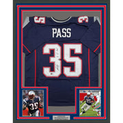 Framed Autographed/Signed Patrick Pass 3x SB Champ 35x39 New England Blue Football Jersey Beckett BAS COA