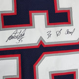 Framed Autographed/Signed Patrick Pass 3x SB Champ 35x39 New England Blue Football Jersey Beckett BAS COA