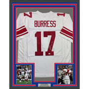 Framed Autographed/Signed Plaxico Burress 35x39 New York White Football Jersey JSA COA