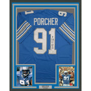 Framed Autographed/Signed Robert Porcher 35x39 Detroit Blue Football Jersey JSA COA