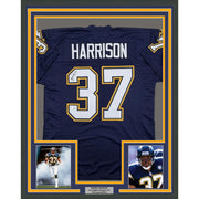 Framed Autographed/Signed Rodney Harrison 35x39 Los Angeles San Diego Navy Blue Football Jersey Beckett BAS COA