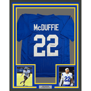 Framed Autographed/Signed Trent McDuffie 35x39 Los Angeles LA Blue Football Jersey Beckett BAS COA