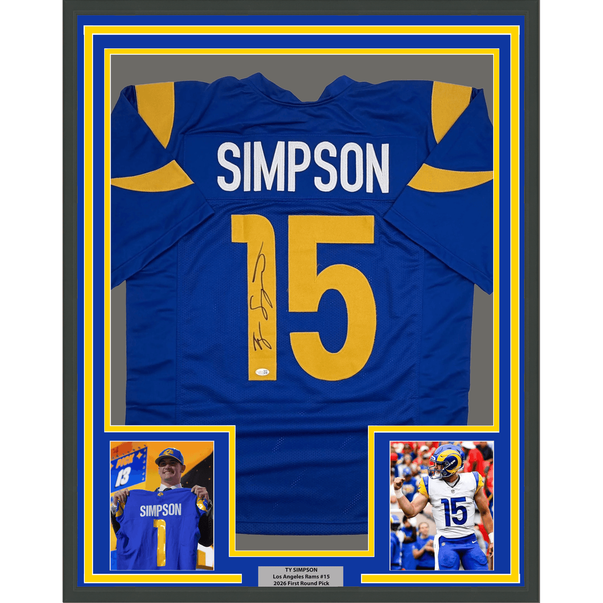 Framed Autographed/Signed Ty Simpson 35x39 Los Angeles LA Blue Football Jersey JSA COA