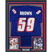 Framed Autographed/Signed Vincent Brown 35x39 New England Blue Football Jersey JSA COA