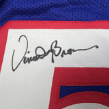 Framed Autographed/Signed Vincent Brown 35x39 New England Blue Football Jersey JSA COA