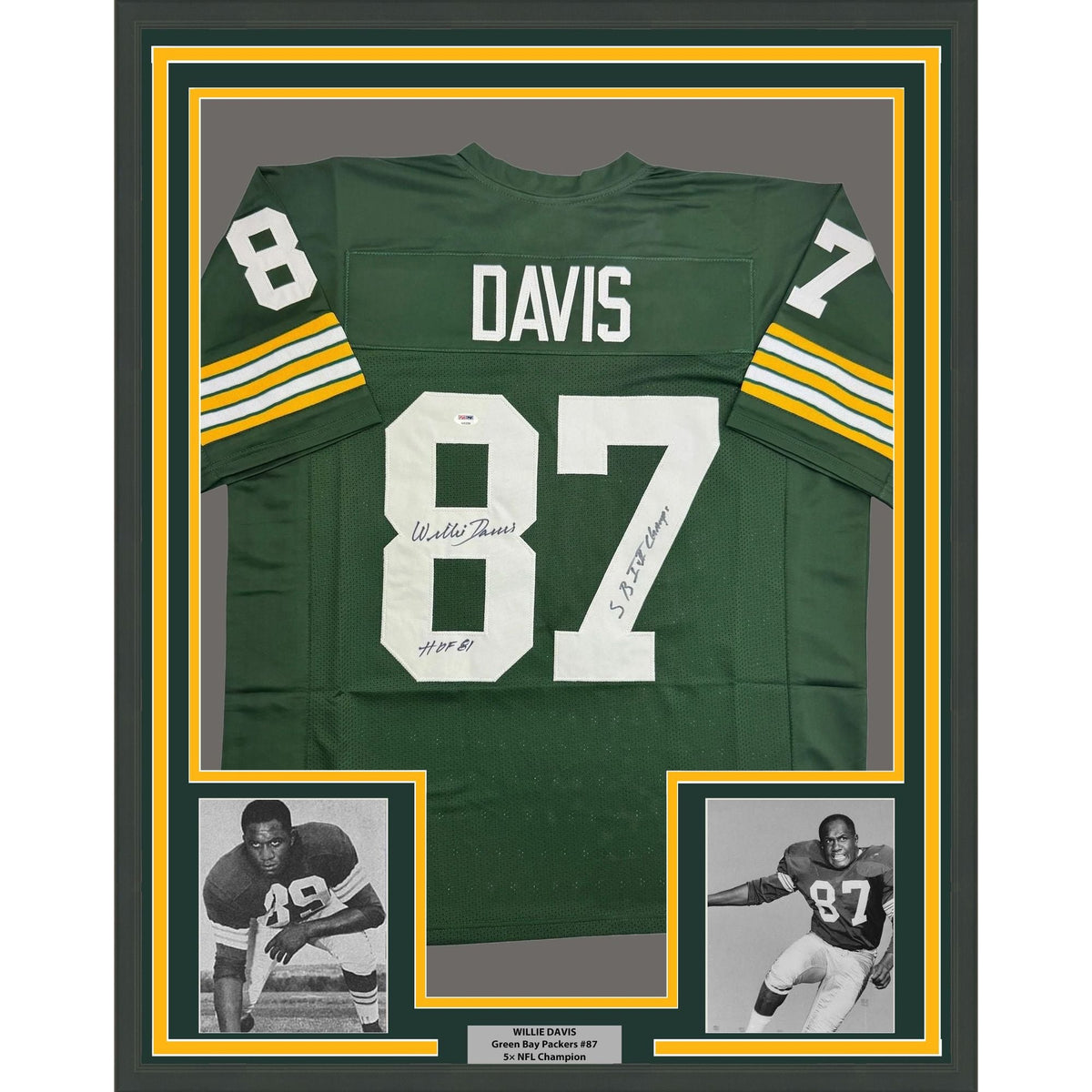 Framed Autographed/Signed Willie Davis HOF 81 & SB Champs 35x39 Green Bay Green Football Jersey PSA/DNA COA