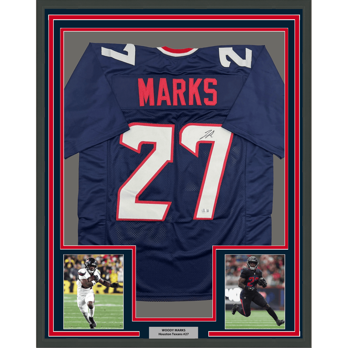 Framed Autographed/Signed Woody Marks 35x39 Houston Blue Football Jersey Beckett BAS COA