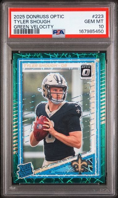 Graded 2025 Panini Donruss Optic Tyler Shough #223 Green Velocity Rookie RC Football Card PSA 10 Gem Mint