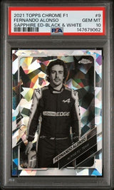Graded 2021 Topps Chrome F1 Fernando Alonso #9 Sapphire Edition Black & White 15/15 F1 Racing Card PSA 10 Gem Mint