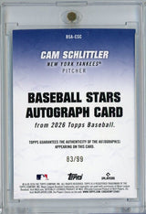 2026 Topps Cam Schlittler #BSACSC Baseball Stars Autograph Card Green /99 Rookie RC Baseball Card