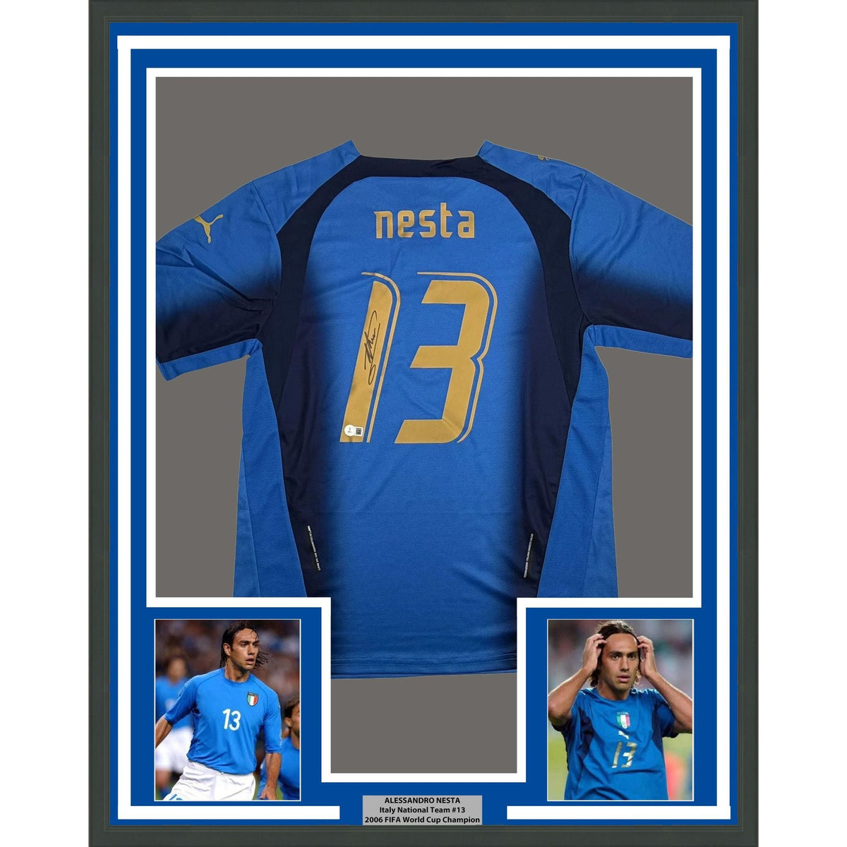 Framed Autographed/Signed Alessandro Nesta 35x39 Italy Blue Soccer Futbol Jersey Beckett BAS COA