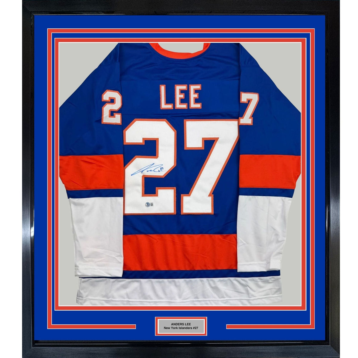 Framed Autographed/Signed Anders Lee 35x39 New York Blue Hockey Jersey Beckett BAS COA