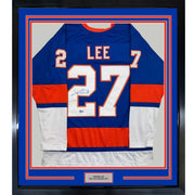 Framed Autographed/Signed Anders Lee 35x39 New York Blue Hockey Jersey Beckett BAS COA