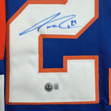 Framed Autographed/Signed Anders Lee 35x39 New York Blue Hockey Jersey Beckett BAS COA