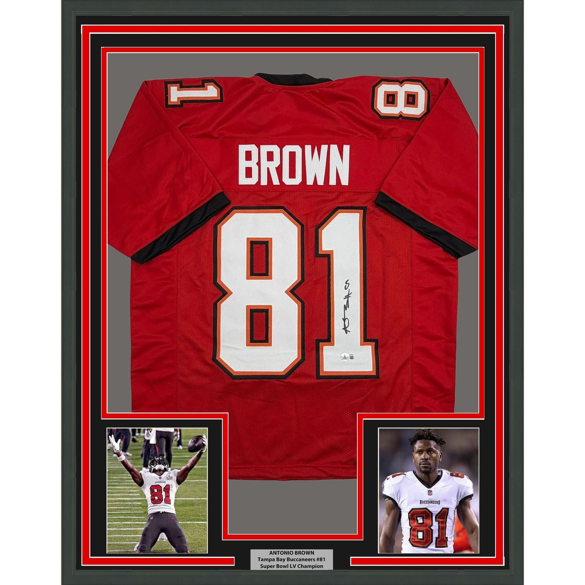 Framed Autographed/Signed Antonio Brown 35x39 Tampa Bay Red Football Jersey Beckett BAS COA