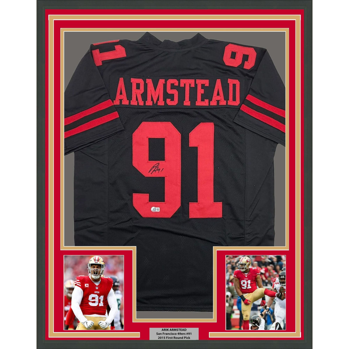 Framed Autographed/Signed Arik Armstead 35x39 San Francisco Black Football Jersey Beckett BAS COA
