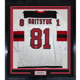 Framed Autographed/Signed Arseni Gritsyuk 35x39 New Jersey NJ White Hockey Jersey JSA COA