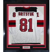 Framed Autographed/Signed Arseni Gritsyuk 35x39 New Jersey NJ White Hockey Jersey JSA COA