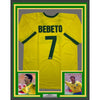 Framed Autographed/Signed Bebeto 35x39 Brazil Yellow Soccer Futbol Jersey Beckett BAS COA