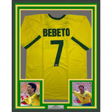 Framed Autographed/Signed Bebeto 35x39 Brazil Yellow Soccer Futbol Jersey Beckett BAS COA