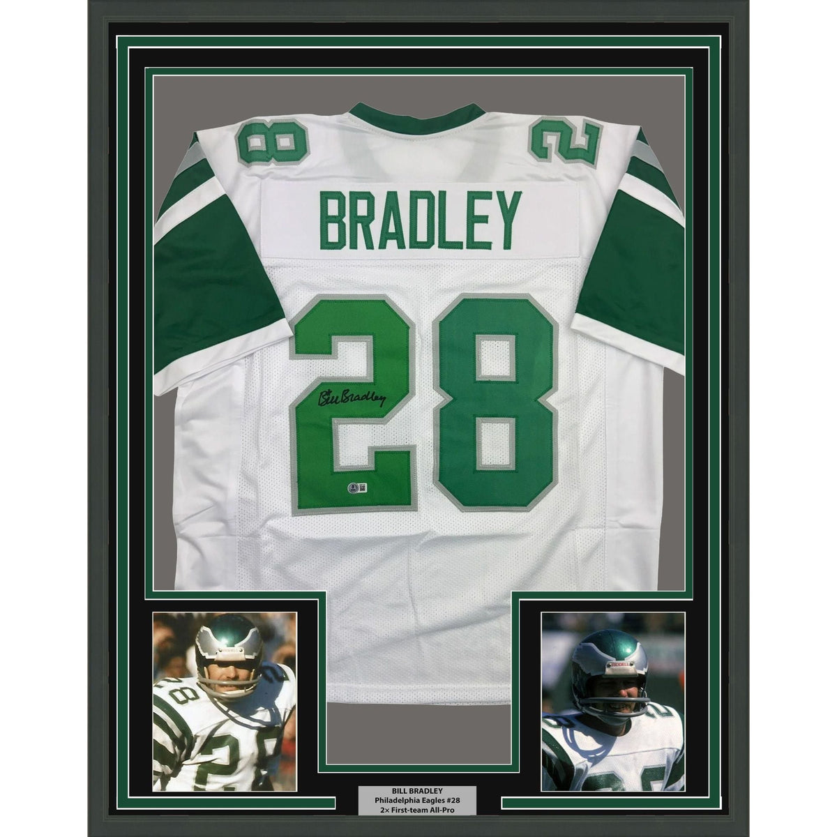 Framed Autographed/Signed Bill Bradley 35x39 Philadelphia White Football Jersey Beckett BAS COA
