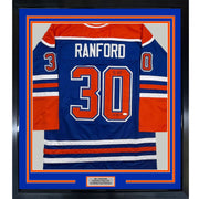 Framed Autographed/Signed Bill Ranford 35x39 Edmonton Blue Hockey Jersey JSA COA