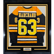 Framed Autographed/Signed Brad Marchand 35x39 Boston Black Hockey Jersey JSA COA