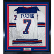 Framed Autographed/Signed Brady Tkachuk 35x39 USA United States 2026 Olympics Gold Medal White Hockey Jersey JSA COA